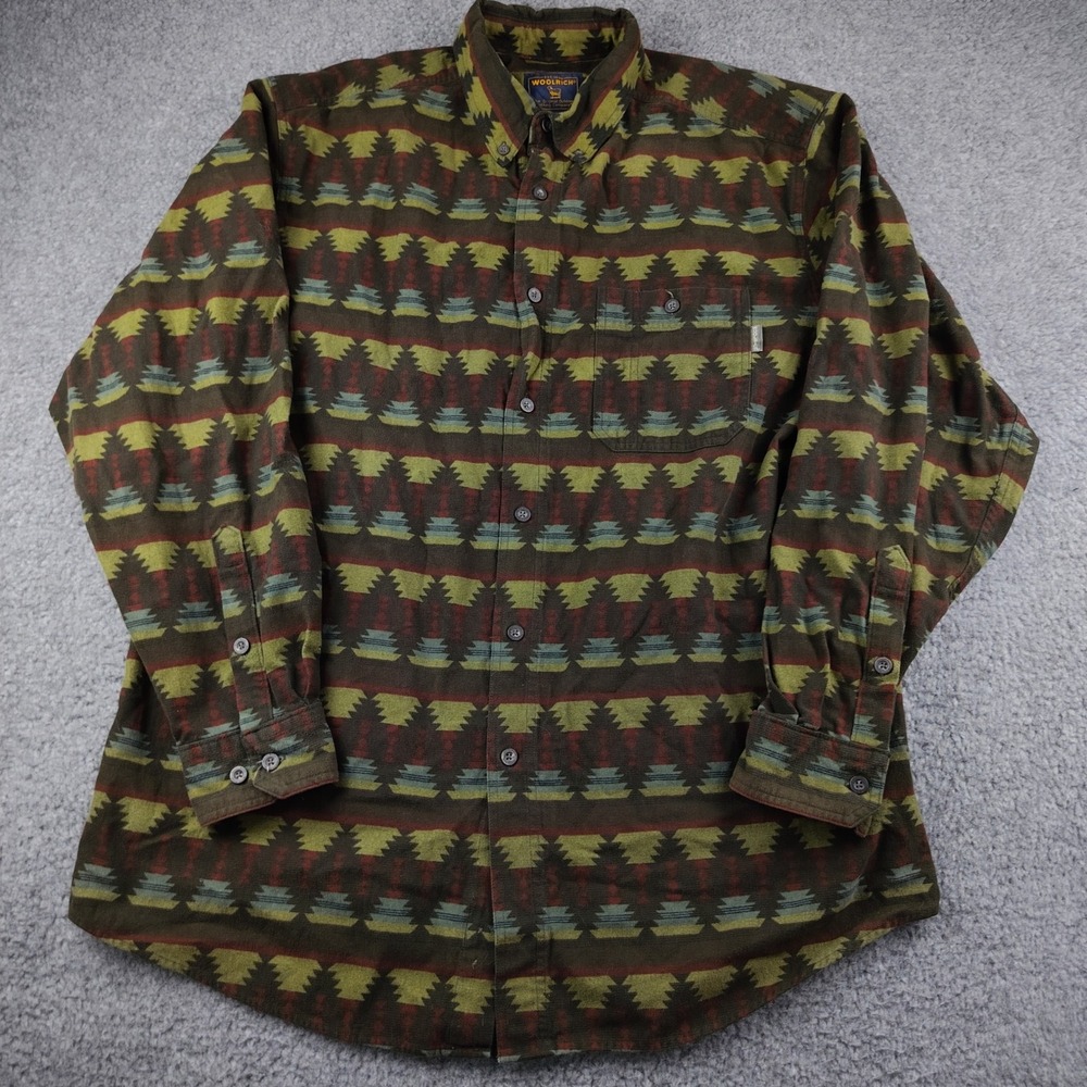 Woolrich Mens XL Deep Hunter Southwest Aztec Flannel Shirt Green Brown